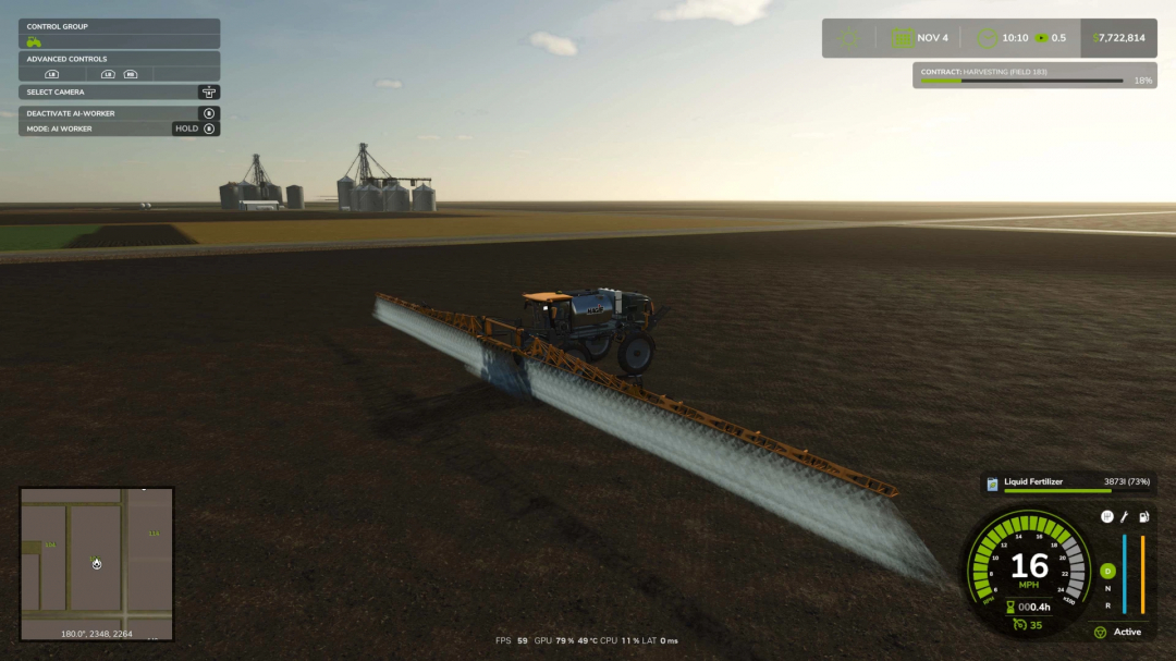 Farming Simulator 25 mod: Hagie Sprayer v1.0.0.0, spraying fertilizer on a field during harvesting, realistic farming scene.