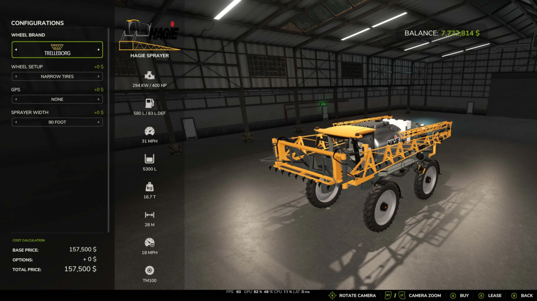 Farming Simulator 25 mod: Hagie Sprayer v1.0.0.0 with yellow spraying arms and detailed interface inside a storage warehouse.
