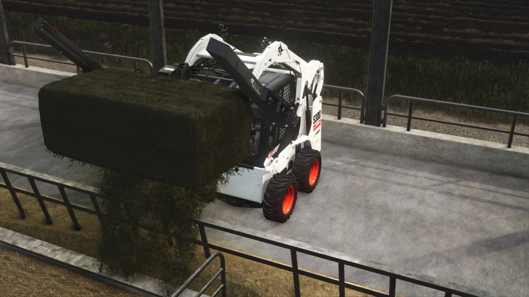 Farming Simulator 25 mod: skid steer loader with Hillco Wrap Twine Remover attachment for hay bale handling.