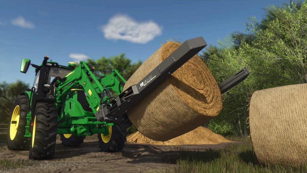 Farming Simulator 25 mod showing a green tractor with Hillco Wrap Twine Remover attaching a large hay bale, set outdoors with trees and blue sky.