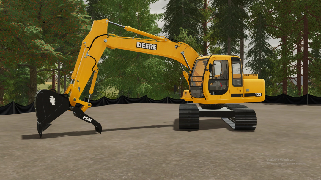 Farming Simulator 22 mod image of a yellow Deere 120 excavator with a black PSM attachment, set in a forested environment.