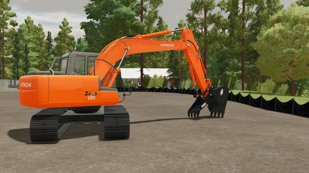 FS22 mod: Hitachi/Deere 120 Excavator in Farming Simulator 22, with orange body and black bucket, on a construction site surrounded by trees.