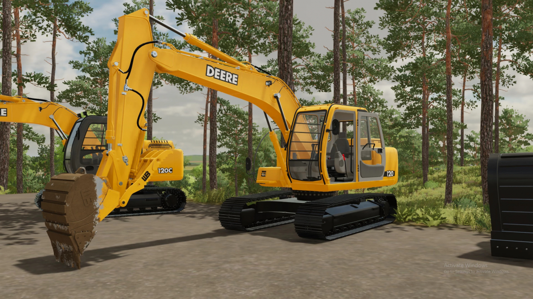 Farming Simulator 22 mods: yellow Deere/Hitachi 120 excavator with tracked wheels, detailed in-game mod asset.