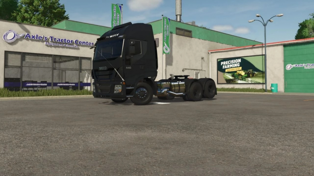 Farming Simulator 25 mod featuring a black Iveco 440 truck parked outside Axle's Tractor Center.