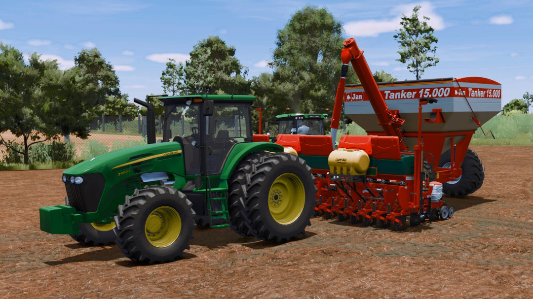 Farming Simulator 25 mod: John Deere tractor with Jan Tanker Small Series for nutrient spreading on farmland.
