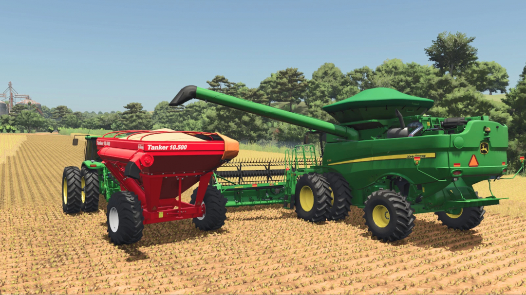 Farming Simulator 25 mod image showing a John Deere forage harvester attached to a tanker trailer in a field, part of the Jan Tanker Small Series v1.0.0.0.