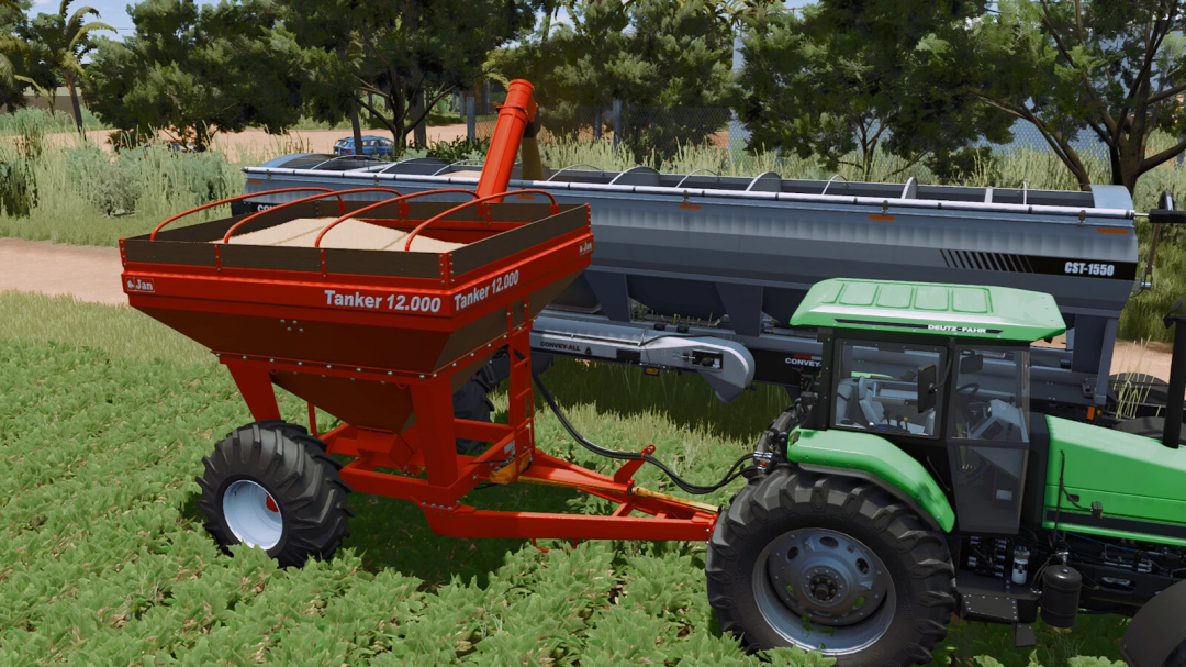 Farming Simulator 25 mod: tractor with Jan Tanker Small Series for spreading seeds or fertilizer.