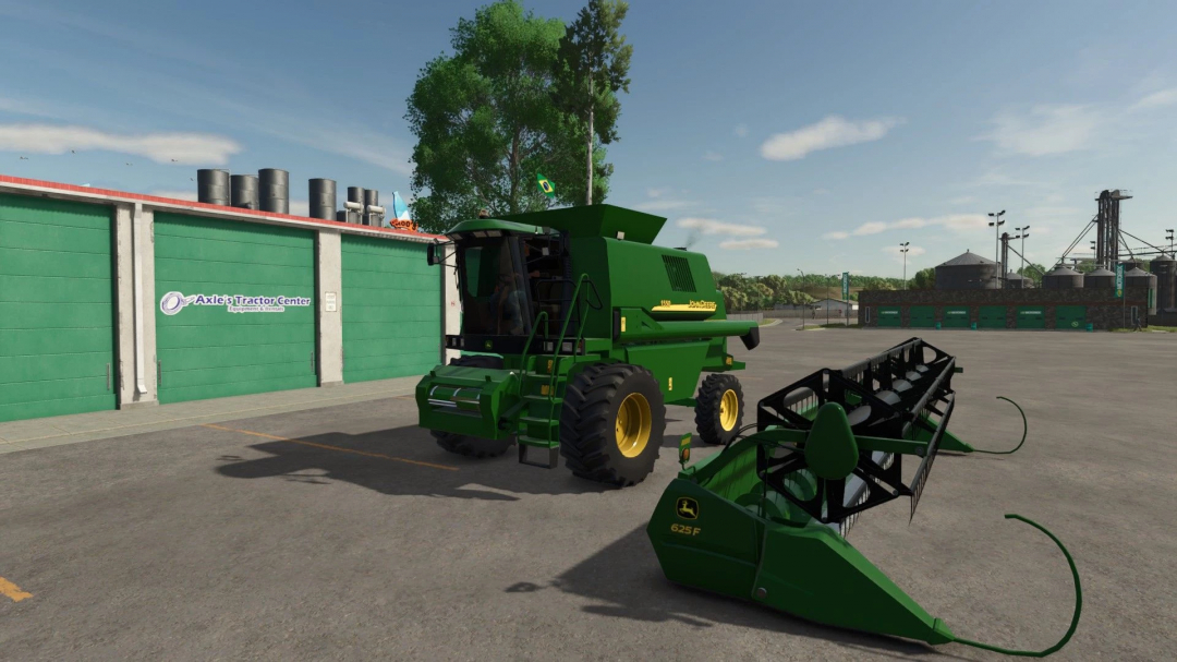 Farming Simulator 25 mod featuring a John Deere 1550 Harvest Combine, parked outdoors with green machinery and equipment.