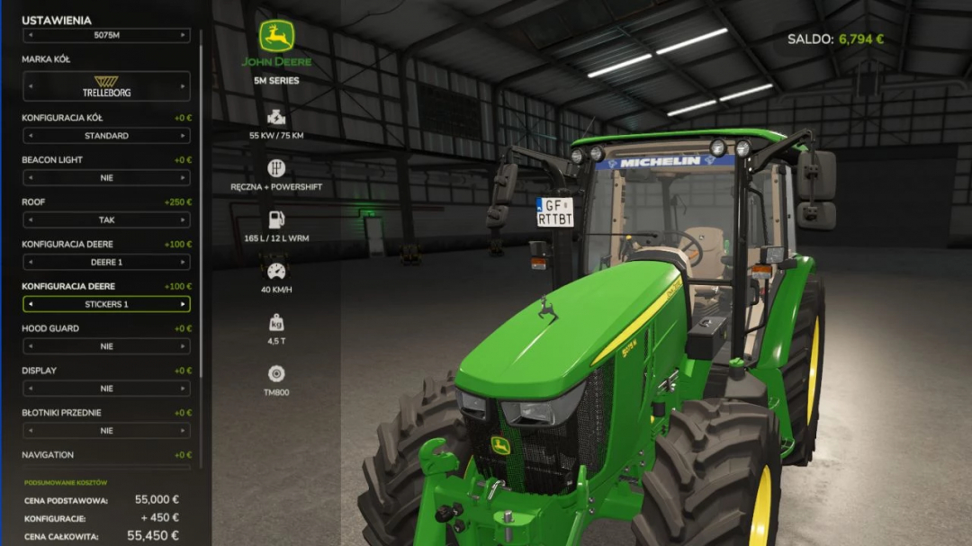 Farming Simulator 25 mod: John Deere 5M Series tractor with detailed specs and customization options in the game mod menu.