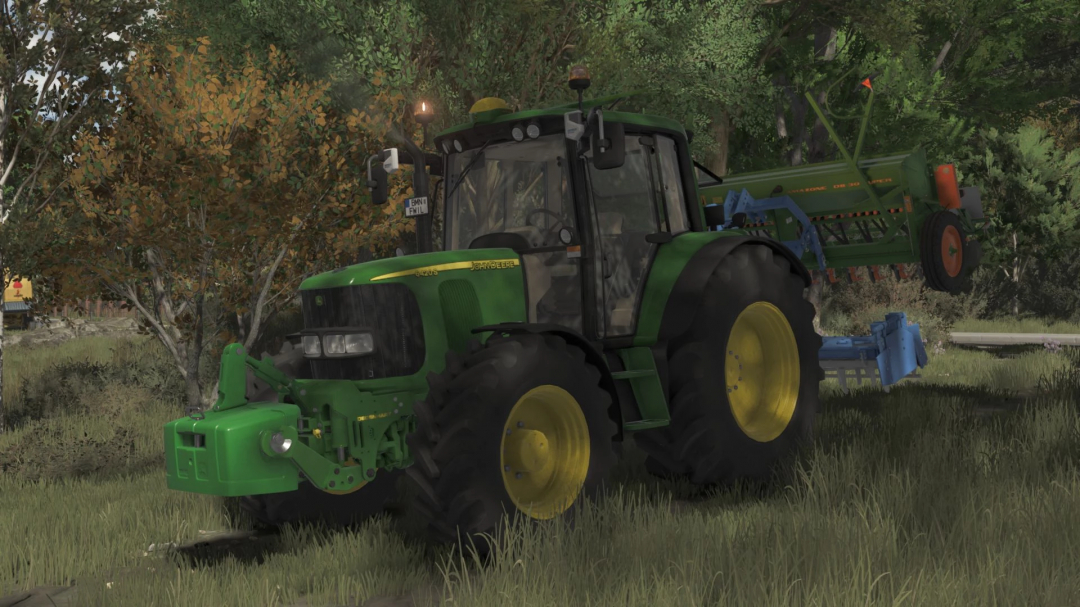 John Deere 6020 Premium Series 4-cylinder tractor mod in Farming Simulator 25, parked on grass with farming equipment attached.