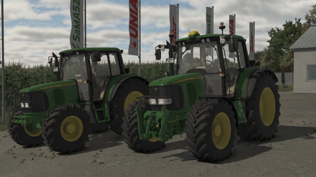 Two John Deere 6020 Premium Series 4-cylinder tractors in Farming Simulator 25 with FS25 mods, parked outdoors.