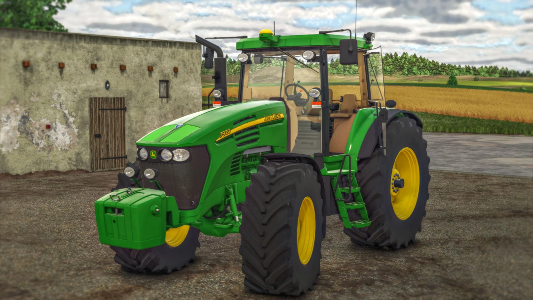 Farming Simulator 25 mod: John Deere 7020 tractor with green and yellow design, realistic terrain and farm background.