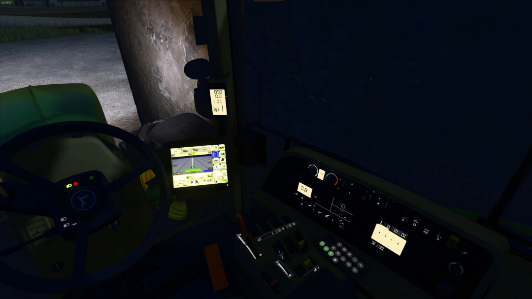 Inside view of a John Deere 7020 tractor from Farming Simulator 25 with detailed dashboard and navigation system at night.