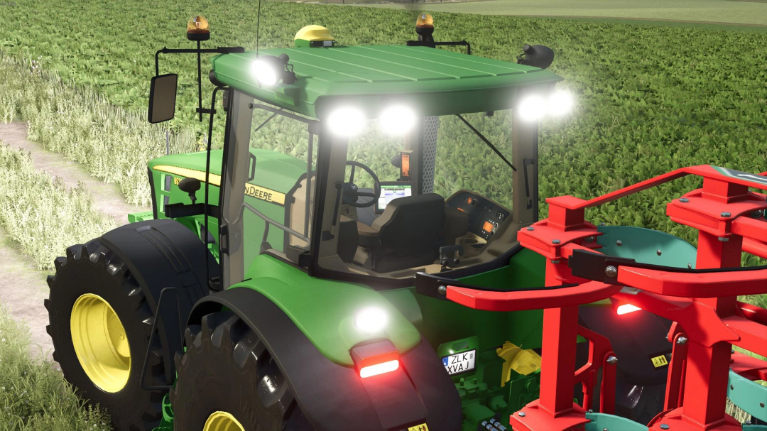 Farming Simulator 25 mod featuring a John Deere 8030 Series tractor with bright front lights, green body, and red farming equipment attachment.