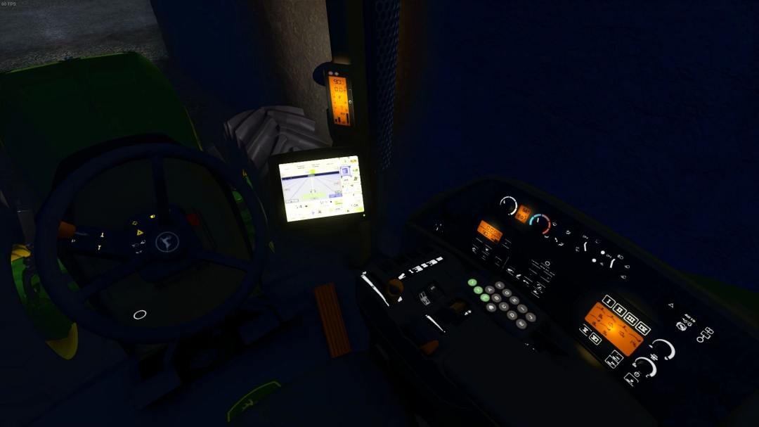 Inside the John Deere 8030 Series tractor from Farming Simulator 25 mods, showing detailed dashboard and control panels.