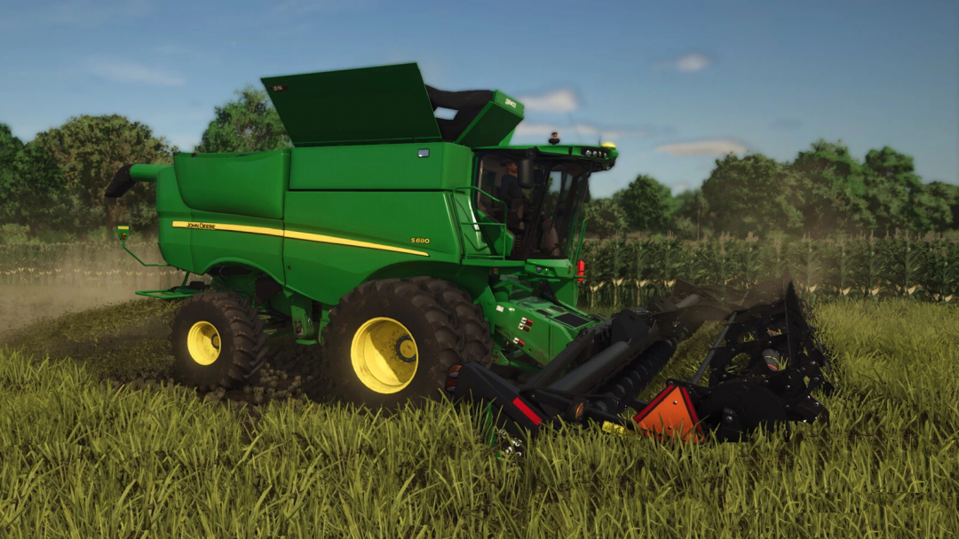 Farming Simulator 25 mod image showcasing a John Deere S600 Series forage harvester operating in a field.