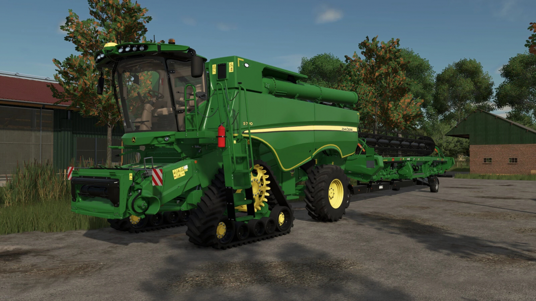 Farming Simulator 25 mod featuring the John Deere S790 EU in green with farming equipment attached.