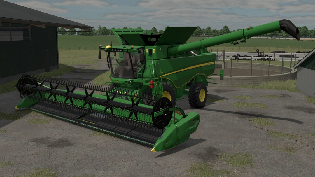 Farming Simulator 25 mod: John Deere S790 EU combine harvester with green and yellow design, equipped with a large grain header.