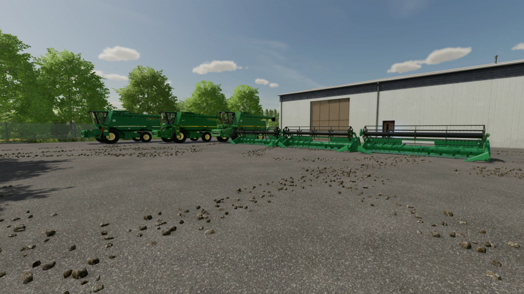 Farming Simulator 22 mods: John Deere W T 2010 Series farming equipment displayed outside on a farm yard.