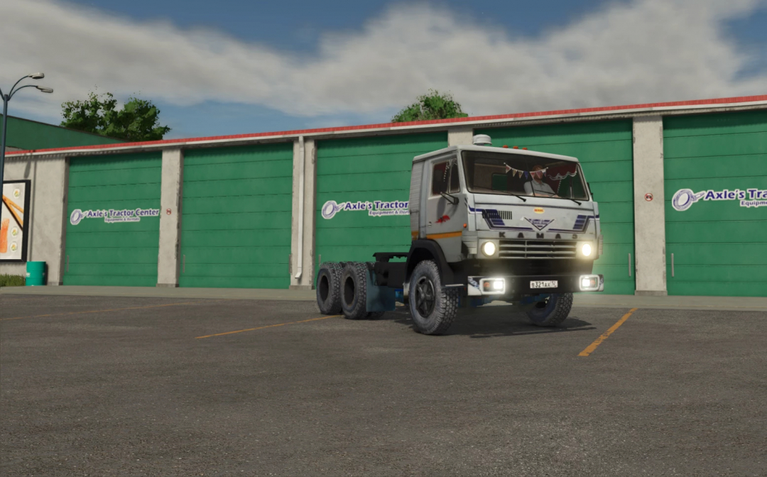 Farming Simulator 25 mod featuring a classic KamAZ 5410 truck parked in front of Axle's Tractor Center.