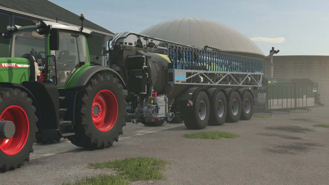 Farming Simulator 25 mod: Green tractor connected to a large liquid manure spreader for farming tasks.