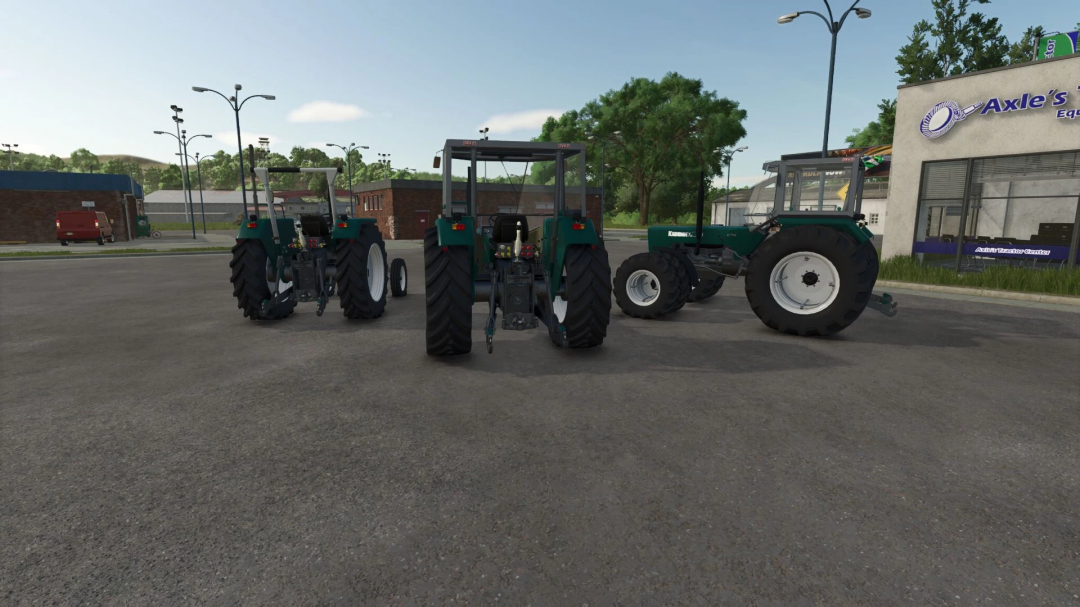 Three green tractors from Farming Simulator 25 mods are parked outside an equipment shop, showcasing the Kramer KL 714 mod.