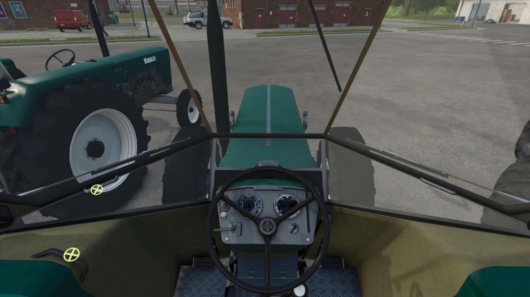 View from the driver’s seat of a Kramer KL 714 tractor in Farming Simulator 25, with dashboard and steering wheel visible.