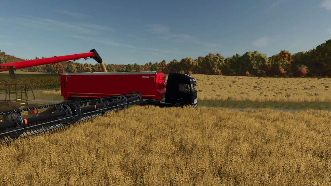 Farming Simulator 25 mod: Krampe SB II 30/1070 grain trailer with harvesting equipment in a field.