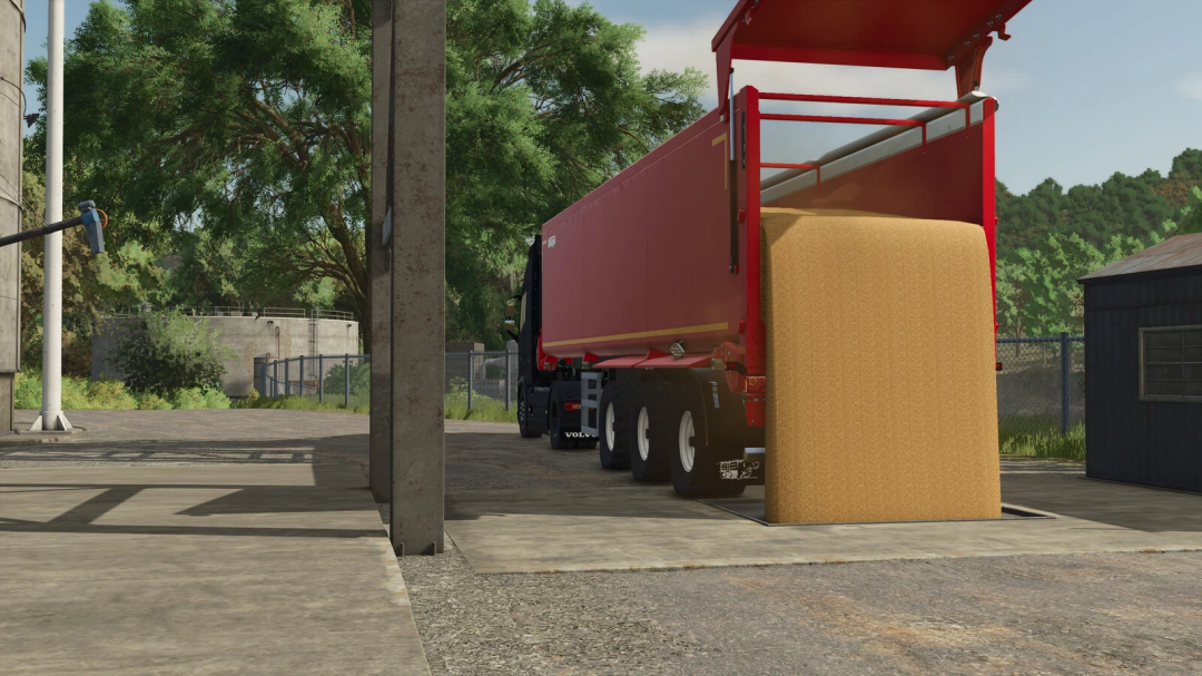 Farming Simulator 25 mod image showing a red grain trailer unloading wheat at a farm.