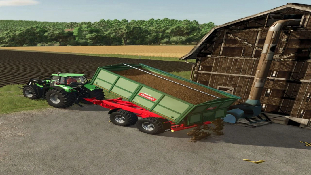 Farming Simulator 25 mod: trailer unloading soil with a tractor near a barn, part of the Lager barn pack v1.0.0.0.