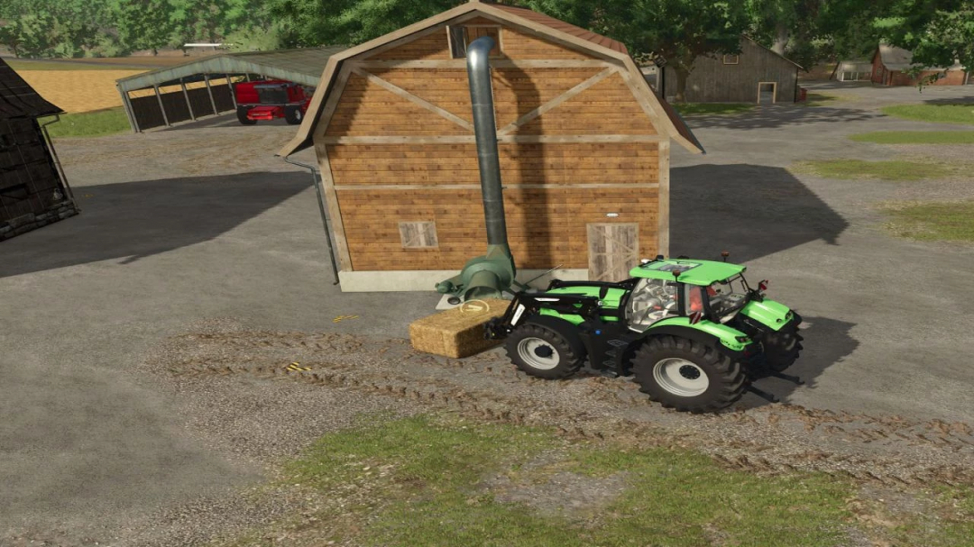 Farming Simulator 25 mod: Green tractor with hay bale near a wooden barn, part of the Lager barn pack v1.0.0.0.