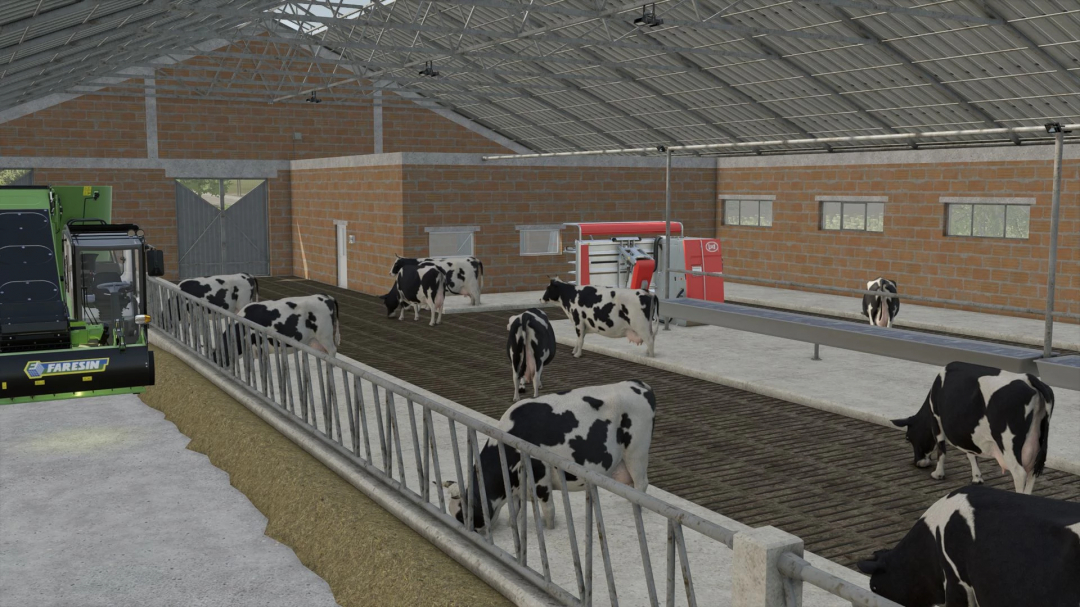 Inside a large cow shed in Farming Simulator 25 with multiple Holstein cows and modern feeding equipment, showcasing FS25 mods.