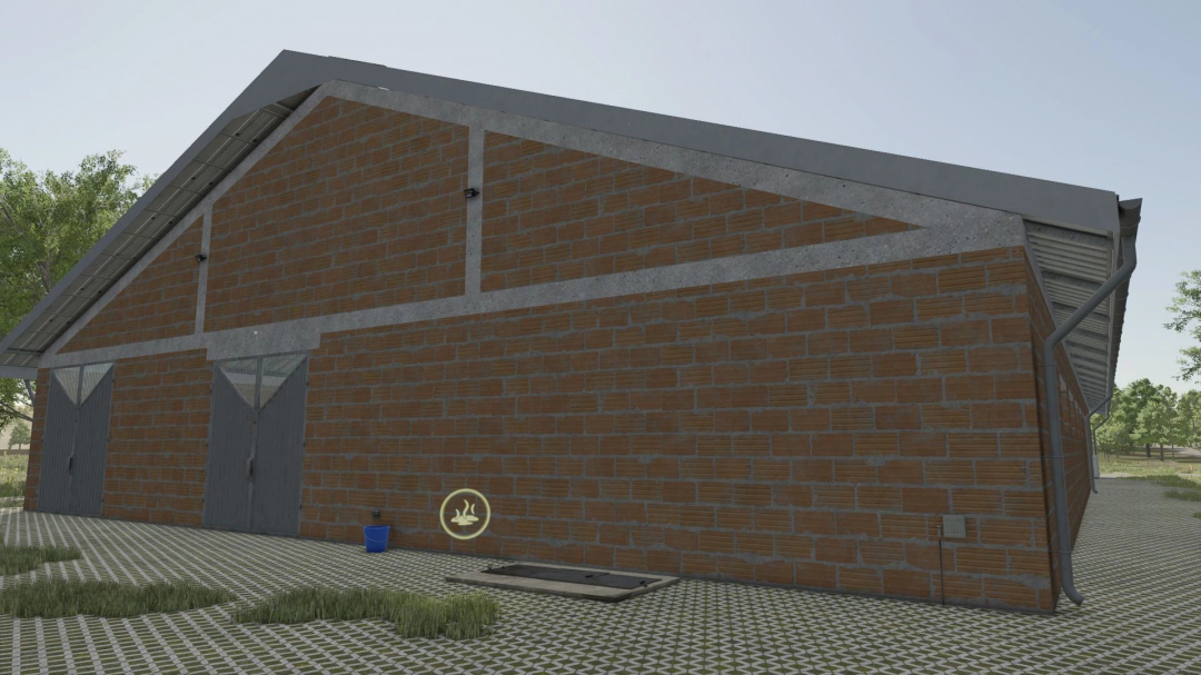Large Cow Shed v1.0.0.0 mod from Farming Simulator 25, showcasing a brick cow shelter with metal doors and roof in the game.