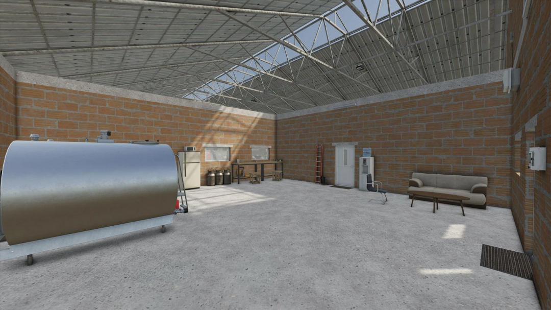 Interior of a large cow shed in Farming Simulator 25 mod, with equipment, water dispenser, and seating area, part of FS25 mods.