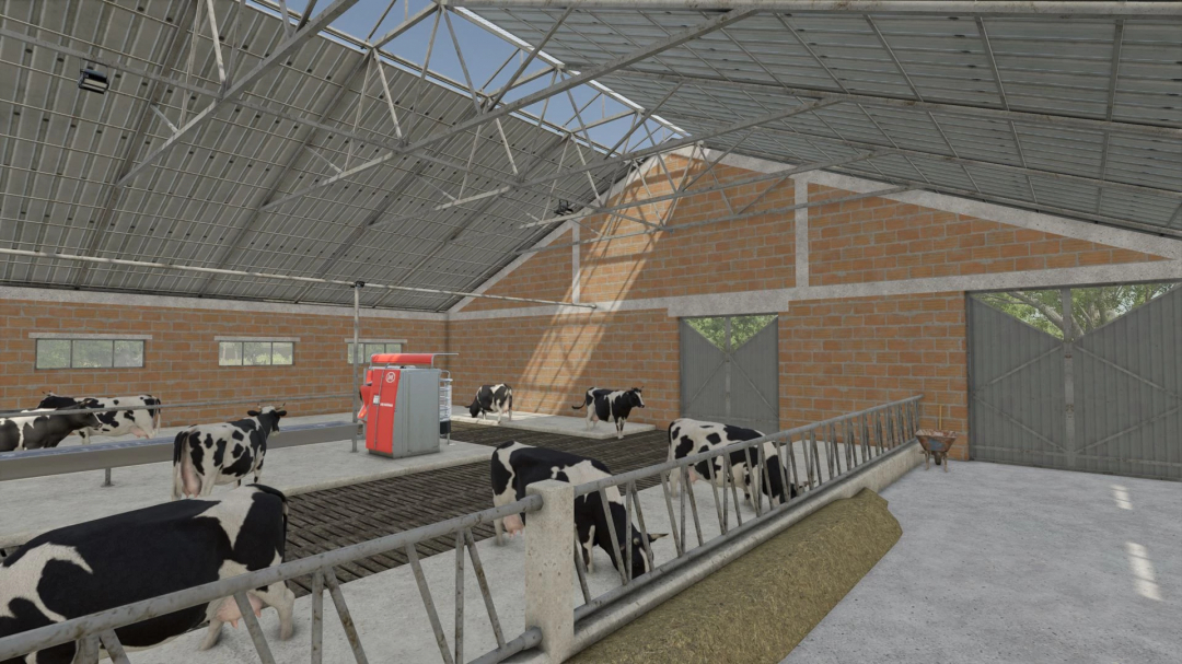 Farming Simulator 25 mod: Large Cow Shed v1.0.0.0 with dairy cows inside, available for FS25 mods.