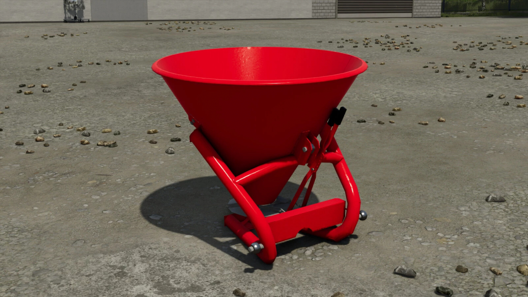 Red Lizard BI 400 seed spreader mod in Farming Simulator 25, on a gravel surface with small rocks.