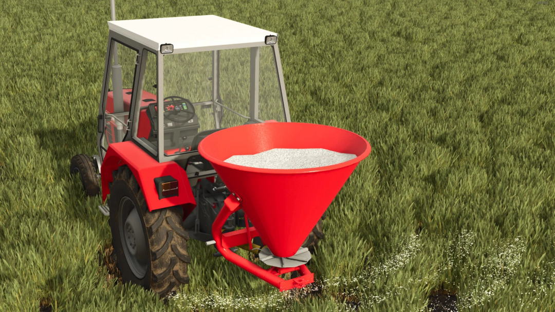 Farming Simulator 25 mod: Lizard BI 400 v1.0.0.0, a seed spreader attached to a tractor for efficient planting.