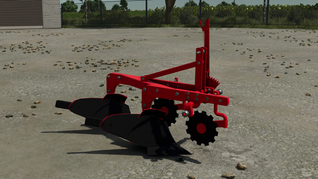 A red farming implement from Farming Simulator 25 mods, specifically the Lizard BI 755 v1.0.0.0, on a concrete surface outdoors.