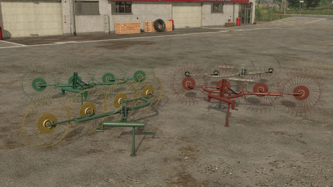 Farming Simulator 25 mods: Showcasing the large green and red Lizard Z-240 v1.1.0.0 cultivator attachments on a farmyard.