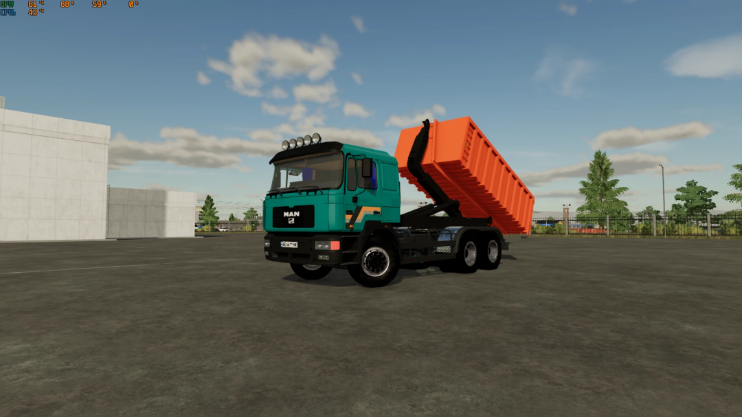 Farming Simulator 22 mod: MAN 26.372 truck with a raised tipping bed, showcased in a parking lot.