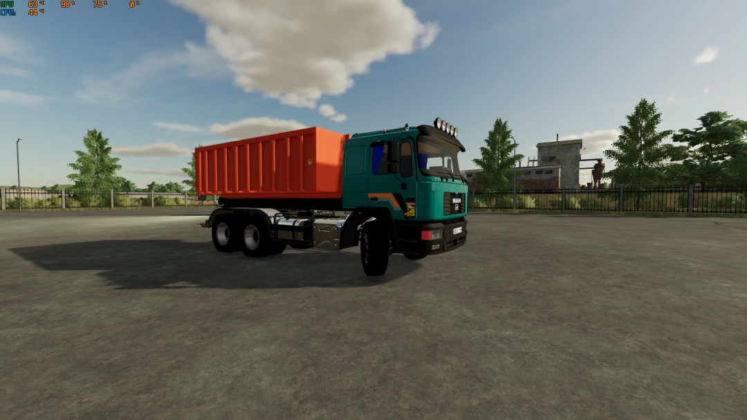 Farming Simulator 22 mod: MAN 26.372 truck with an orange cargo bed, parked on an open lot under a partly cloudy sky.