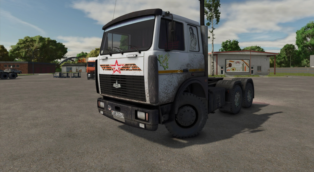 Farming Simulator 25 mod featuring the vintage MAZ 6422 truck with weathered paint, orange star emblem, and detailed decals.