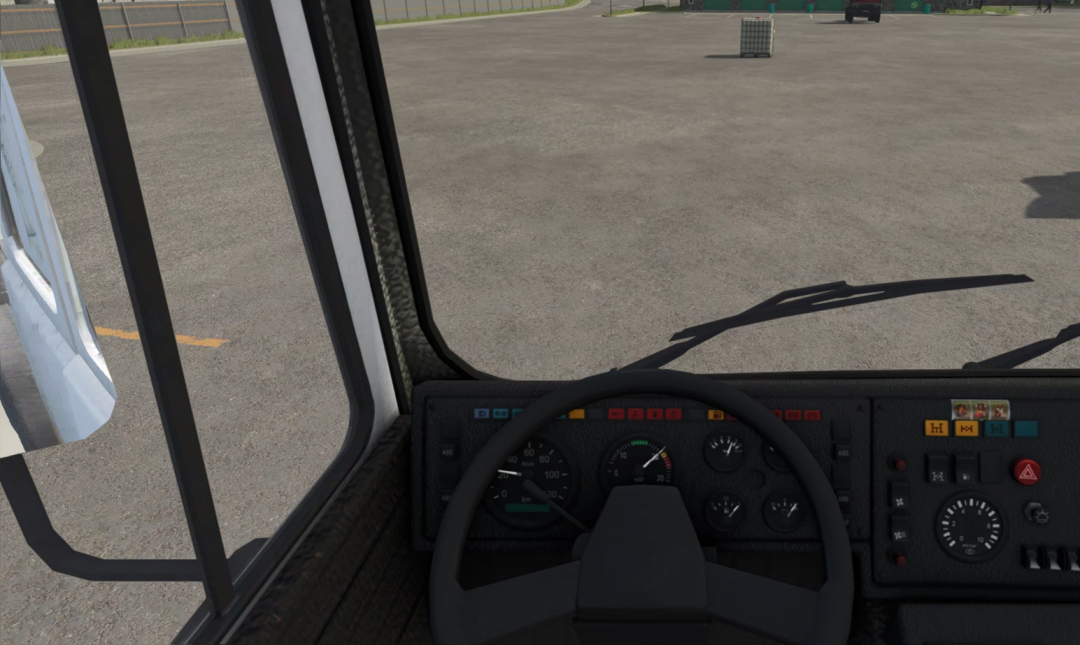 In-game view of the cockpit of the MAZ 6422 mod in Farming Simulator 25, showing the dashboard and steering wheel.