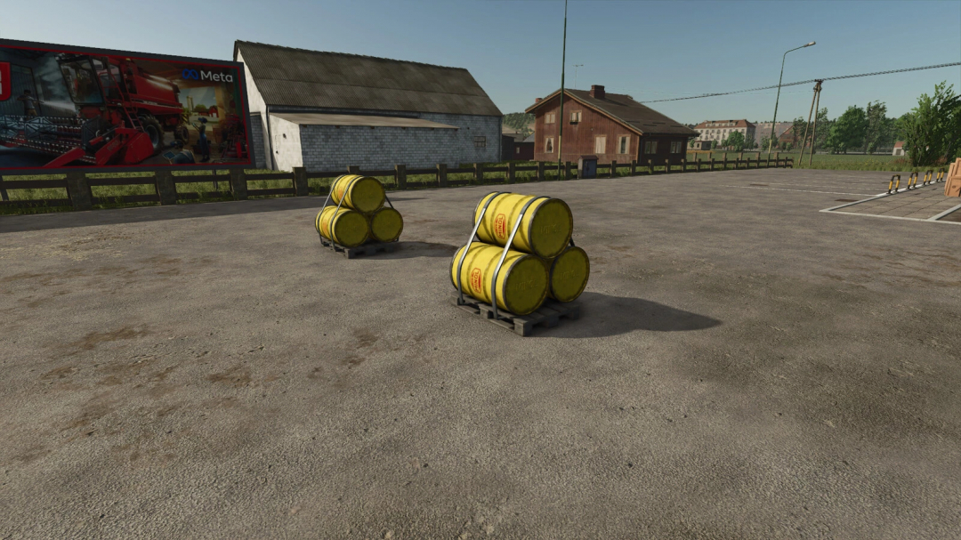 Farming Simulator 25 mod showing two pallets of yellow barrels with Minol pack v1.0.0.0 in FS25 game environment.