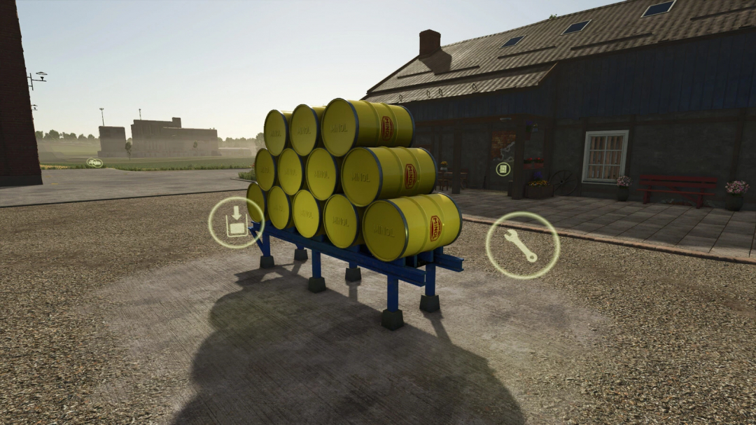 Farming Simulator 25 mod: Minol Pack v1.0.0.0 featuring yellow barrels on a farm trailer, part of FS25 mods collection.