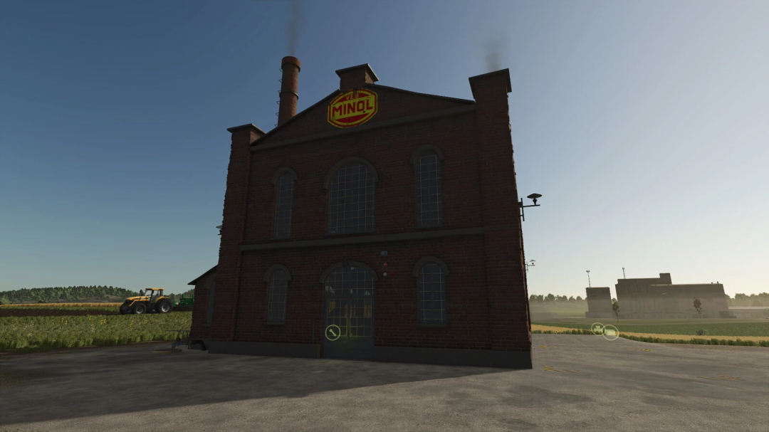 Farming Simulator 25 mod image of the Minol Pack v1.0.0.0, showing a large brick factory building with Minol signage, part of FS25 mods.