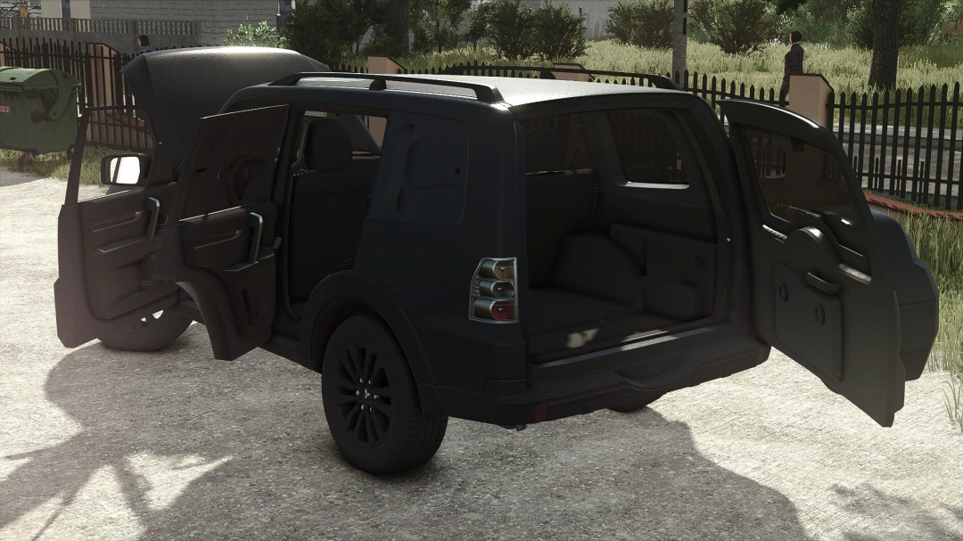 Black SUV with open rear door, part of FS25 mods for Farming Simulator 25, featuring Mitsubishi Pajero v1.2.0.0.