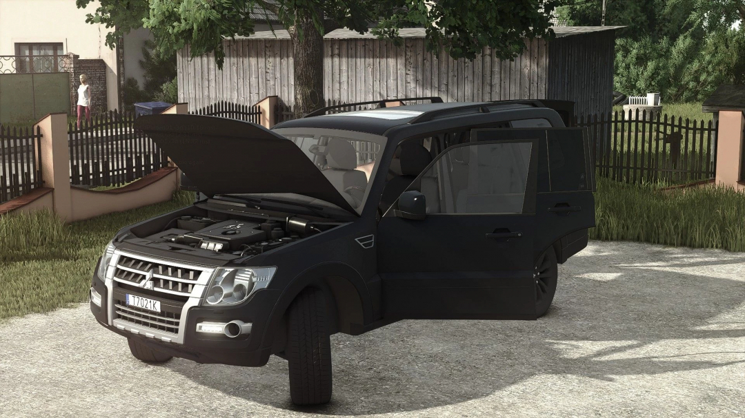 Farming Simulator 25 mod: Black Mitsubishi Pajero with open hood and closed doors, parked outdoors in a rural setting.