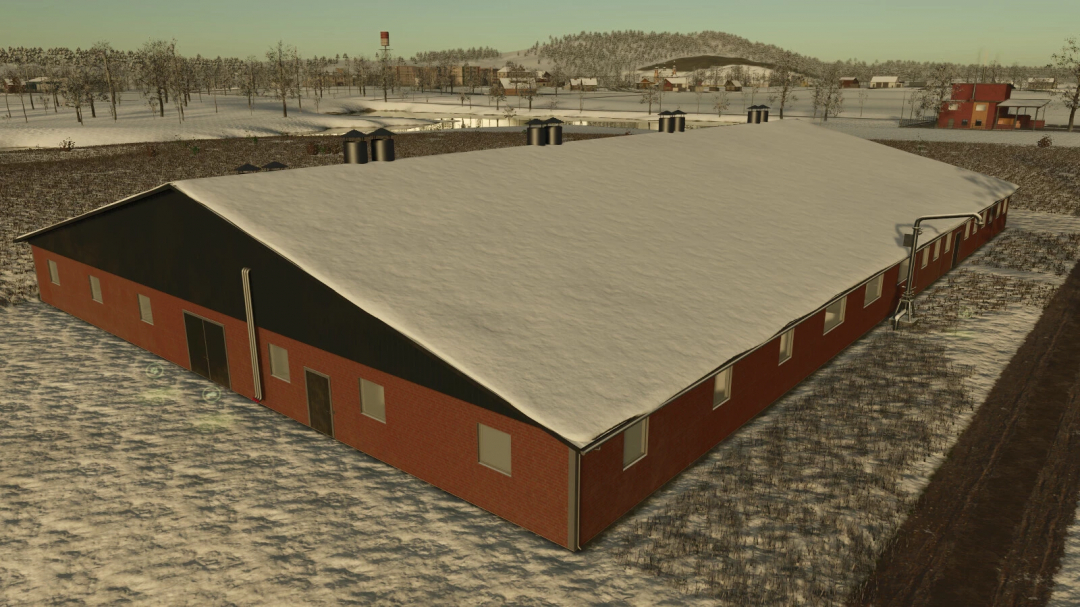Modern Pigsty v1.0.0.0 mod in Farming Simulator 25, a large red building with a snow-covered roof, designed for pig farming.