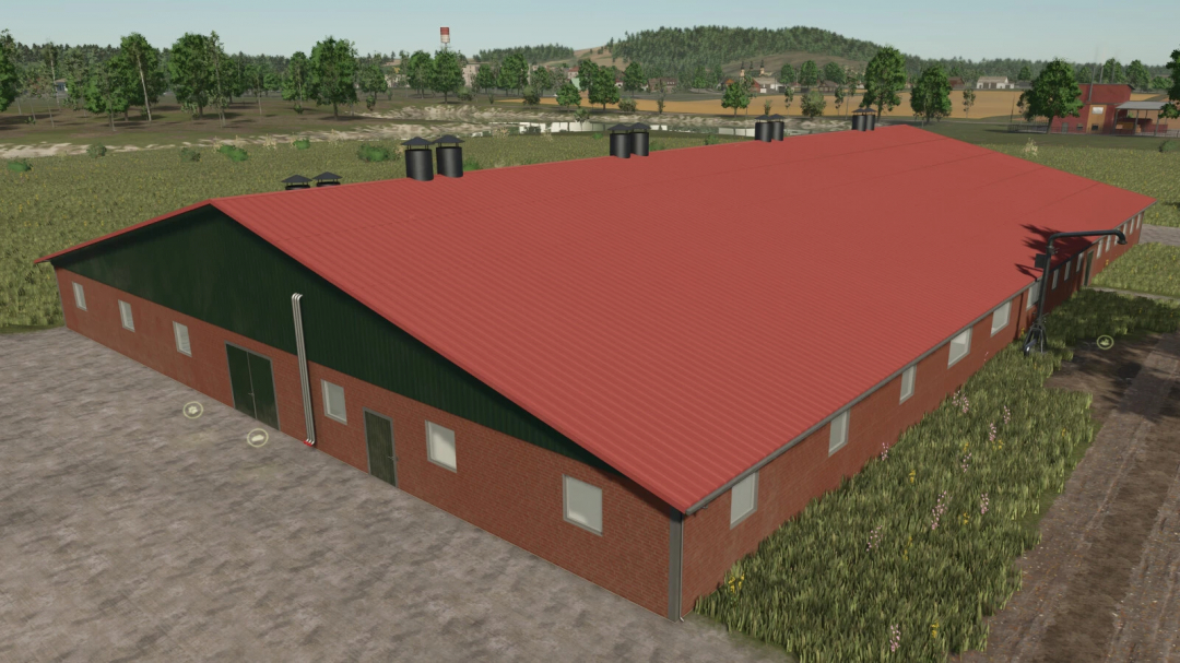 Modern Pigsty v1.0.0.0 in Farming Simulator 25, featuring a red brick and green metal exterior, suitable for FS25 mods and farming gameplay.